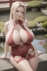 ai_generated blonde_hair chinese_dress dress huge_breasts japanese_garden looking_at_viewer mommy naruto naruto_(series) smiling thick_thighs tsunade