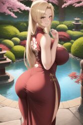 ai_generated big_breasts blonde_hair blush chinese_dress dress huge_ass japanese_garden mommy naruto naruto_(series) smiling thick_thighs tsunade