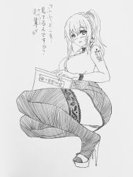 collar crown_braid girls'_frontline high_heel_sandals high_heels lace-trimmed_thighhighs large_breasts mosin-nagant_(girls'_frontline) naughty_face office_lady ponytail squatting thick_thighs thighhighs tight_skirt wide_hips younger_female