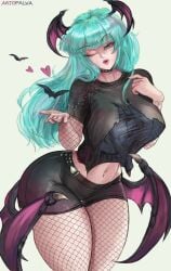 1girls 2022 artofalva bat big_breasts capcom choker clothing cutesexyrobutts_(style) darkstalkers demon_wings female female_only fishnet_armwear fishnet_pantyhose fishnets green_eyes green_hair head_wings heart horny large_breasts long_hair looking_at_viewer minishorts morrigan_aensland narrowed_eyes shorts smiling smiling_at_viewer solo succubus thick_thighs wings wink winking_at_viewer