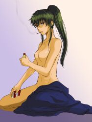 barbie_doll_anatomy cigarette dark_green_hair dark_hair female female_only full_body genderswap_(mtf) gintama gradient_background green_hair hijikata_toshiro lighter long_hair looking_at_viewer nude oda_maki ponytail purple_background rule_63 sidelocks sitting small_breasts smoking solo