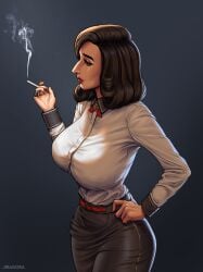 1girls abigail_shapiro art big_nose bioshock bioshock_infinite brown_hair burial_at_sea cigarette collared_shirt cosplay cropped_legs elizabeth_comstock elizabeth_comstock_(burial_at_sea) elizabeth_comstock_(cosplay) fanart female_only from_side hand_on_hip holding_cigarette huge_breasts jewish jewish_female jiragora lips long_hair nail_polish nose pencil_skirt real_person red_nails short_hair simple_background skirt solo standing