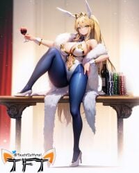 1girls ai_generated artoria_pendragon artoria_pendragon_(swimsuit_ruler) blonde_female blonde_hair bunny_ears bunny_girl bunnysuit fate/grand_order fate_(series) female_only green_eyes high_heels legwear light-skinned_female solo_female thick_thighs touchfluffytails wide_hips