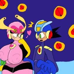 1boy 1girls 5_fingers artist_request black_hair blonde_hair blue_background boner breasts flirting green_eyes hands_behind_back huge_breasts huge_thighs latex_suit mega_man mega_man_battle_network megaman.exe open_mouth rockman_exe roll.exe shocked thick_thighs