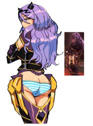 1girls 3amsoda absurdres alternate_version_available armor ass ass_cleavage boots butt_crack camilla_(fire_emblem) crossed_arms english_commentary expressionless fake_horns female female_only fire_emblem fire_emblem_fates from_behind greaves highres horns long_hair looking_to_the_side nintendo panties print_panties purple_eyes purple_footwear purple_hair reference_inset screencap_inset shimapan simple_background solo striped striped_panties thigh_boots underwear vertical-striped_panties vertical_stripes white_background