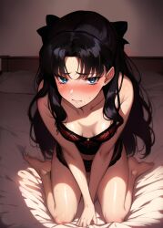 ai_generated black_hair black_hair_ornament black_hair_ribbon black_ribbon blue_eyes blush breasts clothing eyeai fate/stay_night fate_(series) feet hair_ornament hair_ribbon high_resolution inner_boob inner_thighs lingerie long_hair ribbon shadow shiny shiny_skin sitting tied_hair tohsaka_rin twintails