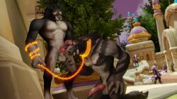 anthro balls blizzard_entertainment bodily_fluids canid chains collar cum duo genital_fluids genitals hi_res humiliation knot licking male male/male mammal outside perromalo tongue tongue_out warcraft were werecanid worgen