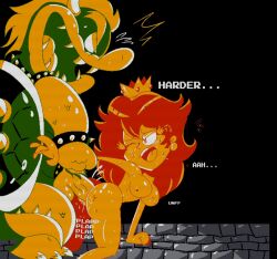 1boy 1girls artstyle_imitation bowser breasts doggy_style female looking_back male mario_(series) nebulapixels princess_peach princess_toadstool retro_artstyle super_mario_bros. super_mario_bros._(nes)