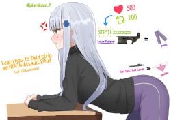 1girls annoyed annoyed_expression bent_over_table blush english_text female_only frown fully_clothed girls'_frontline gkamikaze_d hk416_(girls'_frontline) iron_cross long_hair no_sex pouting side_view solo strip_game sweater table text white_hair white_skin yoga_pants