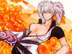 body_writing female female_only genderswap_(mtf) gintama gintoki_sakata grey_hair kimono looking_at_viewer medium_breasts nipple_bulge no_bra open_kimono open_shirt paako red_eyes rule_63 smile solo twintails