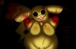 1girls anthro black_sclera blood breasts breasts_against_screen creepy female freakachu horror_(theme) looking_at_viewer pikachu pokemon red_eyes sharp_teeth solo tagme walter_sache