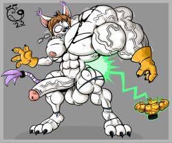 1boy 2023 3_toes 4_fingers abs accessory anthro arm_tuft ball_tuft balls bandai_namco biceps big_muscles brown_hair chest_tuft claws clothing digimon digimon_(species) digital_media_(artwork) dogmanart domestic_cat ear_tuft erection eyebrows feet felid feline felis fingers fur furgonomics gatomon genitals glasses gloves growth hair hi_res huge_muscles humanoid_genitalia humanoid_penis jewelry magic male male_only mammal muscle_growth muscular muscular_anthro muscular_arms muscular_legs muscular_male nipples pecs penis ring sharp_teeth shocked signature solo standing sweat tail tail_accessory tail_jewelry tail_ring teeth toe_claws toes torn_clothing tuft uneven_growth vein veiny_muscles veiny_penis white_body white_fur