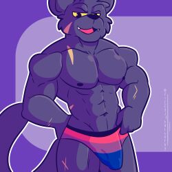 anthro bulge clothing digital_media_(artwork) felid fizzyjay fur hi_res looking_at_viewer male mammal muscular muscular_anthro nintendo nipples panther_caroso pantherine scar simple_background solo star_fox underwear video_games