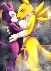 bandai_namco blush cum cum_in_pussy cum_inside digimon digimon_(species) embrace female female_fox fid fox genital_fluids genitals hot_spring hugging imp impmon kissing male naked nude onsen pussy renamon sex tongue_kiss vaginal_penetration vixen