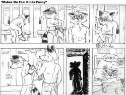 aiden_harris anthro ass backsack balls bed being_watched briefs canid canine closet_coon clothed clothing colin_young comic dialogue dressing english_text fox furgonomics furniture genitals group inside leafdog locker locker_room looking_at_another male male/male mammal nude procyonid raccoon rear_view standing tail tail_clothing text thought_bubble tighty_whities topless underwear undressing white_briefs white_clothing white_underwear