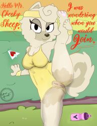 absurd_res anthro anus ass big_breasts bluey_(series) bottle breasts brown_nose canid canine canis card cattledog cazinkwolf chow_chow clothed clothing container domestic_dog exercise female genitals gym_clothing gymnastics heart herding_dog hi_res hole_in_pants japanese_spitz looking_at_viewer mammal no_underwear pastoral_dog presenting presenting_pussy pussy raised_leg signature smile solo spitz sweatband water_bottle wendy_(bluey) yoga