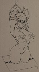 1girls abs angry angry_face armpits arms_behind_head arms_up belly_button big_breasts bondage breasts female female_only femsub gag gagged goth_girl humiliation midriff mole_under_eye monochrome muscle muscles muscular muscular_female muscular_sub namco pasties redraw reliusmax solo solo_focus soul_calibur tape tape_gag thick_legs thick_thighs tied_up tira twintails