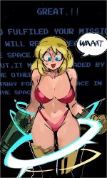 1girls 33dot :d almost_naked armor arms_at_sides bikini black_background blaster blonde_hair blue_eyes boots breasts clothed clothing collarbone confusion dialogue embarrassed eyebrows eyelashes female hips legs light-skinned_female light_skin long_hair looking_down metroid navel nintendo open_mouth panties red_bikini red_panties samus_aran shocked smile standing surprised surprised_expression sweat sweatdrop swimsuit tanned text text_bubble thighs thong_bikini wide_eyed