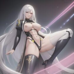 abs absolute_territory ai_generated anything_diffusion anythingv4 ass_visible_through_thighs belly belly_button big_breasts big_thighs heels high_heels leotard long_hair nipples open_leotard thighhighs uniform waist_cape white_hair