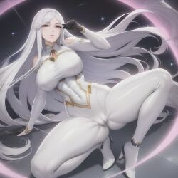 abs ai_generated anime_style anything_diffusion anythingv4 ass_visible_through_thighs big_breasts bodysuit cameltoe clothed heels high_heels highres long_hair thick_thighs tight_clothing white_hair