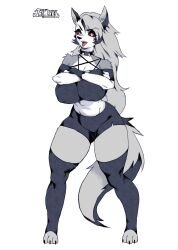 big_breasts demon furry grey_fur helluva_boss jay-marvel loona_(helluva_boss) nipple_bulge nipple_piercing pentagram_harness shorts tagme thick_thighs tight_clothing top white_background white_fur