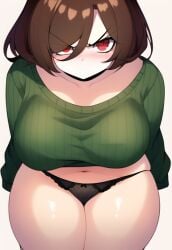 1girls 2d ai_generated angry black_panties blush breasts brown_hair chara color curvy embarrassed female female_only gardener_ai green_sweater large_breasts medium_hair nai_diffusion no_pants panties red_eyes simple_background skimpy solo stable_diffusion sweater thick_thighs undertale undertale_(series) wide_hips