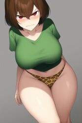 1girls 2d ai_generated angry blush breasts brown_hair chara color curvy embarrassed female female_only gardener_ai green_shirt highleg_panties hourglass_figure large_breasts leopard_print leopard_print_panties medium_hair nai_diffusion no_pants panties red_eyes shirt simple_background skimpy solo stable_diffusion t-shirt thick_thighs undertale undertale_(series) wide_hips