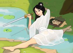 ass barefoot breasts casual clothing disney disney_princess fa_mulan feet female human lemonxxxchanj mulan outerwear pale_skin pussy splits toes weapon