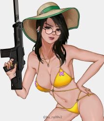 1girls big_breasts bikini brown_hair clothing dark_hair eyewear female firearm german germany glasses gun hat holding_gun human killjoy_(valorant) large_breasts light-skinned_female light_skin nerd nerdy_female pale_skin pinup pinup_pose solo suppressor swimsuit swimwear valorant weapon yellow_bikini