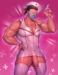 1boy bara league_of_legends male_only muscular muscular_male nurse_uniform penis shen shen_(league_of_legends) solo solo_male