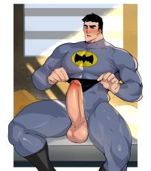 1boy balls bara batman batman_(series) big_balls big_penis black_hair blush boner bruce_wayne dc dc_comics erection gay male male_only muscles muscular penis penis_out scruffley solo solo_male spread_legs superhero superhero_costume