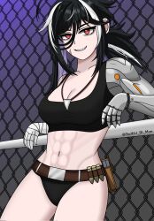 abs alternate_version_available athletic_female belly_piercing black_hair daikiri_di_mon guardian_tales metal_arm multicolored_hair orca_(guardian_tales) piercing red_eyes sharp_teeth tagme_(artist) two_tone_hair warlord_mercenary_orca_(guardian_tales)