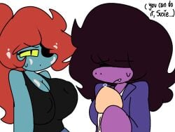 1boy 2girls after_handjob annoyed annoyed_expression big_breasts big_penis cum cum_on_breasts cum_on_face cum_on_hair deltarune deltarune_chapter_2 dialogue eye_patch female hair_covering_eyes handjob hottiegirl34_(artist) male male_pov nipples_visible_through_clothing pov pov_handjob precum susie_(deltarune) undertale undertale_(series) undyne undyne_(deltarune) veiny_penis