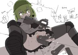 1girls 2d ammunition anus blush boots bottomless bottomless_skirt combat escape_from_tarkov fingerless_gloves gloves green_eyes green_hair green_pubic_hair gun helmet kneepads kuro_jelly magazine_(weapon) masturbation military object_in_pussy object_insertion p90 partially_clothed partially_nude pubic_hair pussy rye_project simple_background sitting skirt solo solo_female stockings sweat tactical_gear text thighhighs thighs uncensored upskirt vagina vaginal_penetration virtual_youtuber vtuber weapon weapon_penetration