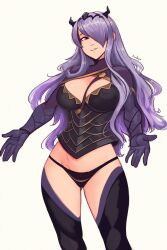 1girls absurdres artist_name ass_visible_through_thighs bangs bare_thighs between_breasts black_panties bodice breasts camilla_(fire_emblem) capelet cleavage commentary english_commentary fake_horns female female_only fire_emblem fire_emblem_fates gloves hair_ornament hair_over_one_eye highres horns hug incoming_hug inner_thighs inviting inviting_to_hug large_breasts long_hair long_sleeves looking_at_viewer nintendo open_mouth panties pov_hug purple_eyes purple_hair raichiyo33 shiny_skin signature simple_background smile solo teeth thighhighs thighs underwear upper_teeth_only white_background