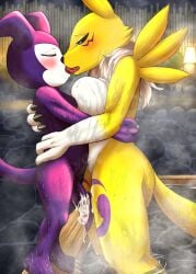 after_sex anthro bandai_namco big_breasts blush breasts cum_drip digimon digimon_(species) embrace female_fox fid fox genital_fluids genitals hot_spring hugging imp impmon kissing onsen penis renamon sex tongue_kiss vixen