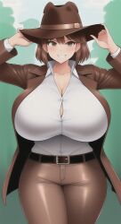 1girls ai_generated brown_hair fedora female huge_breasts indiana_jones indiana_jones_(series) leather_jacket lucasfilm rule_63 smile stable_diffusion tight_clothing tight_fit white_shirt