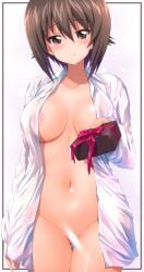 arm_at_side blush box box_of_chocolates breasts brown_eyes brown_hair censored collarbone collared_shirt female gift girls_und_panzer groin highres holding holding_gift kamogawa_tanuki large_breasts light_censor long_sleeves looking_at_viewer navel nipples nishizumi_maho no_bra no_panties no_pants outstretched_arm paid_reward_available reaching_towards_viewer shirt short_hair smile solo standing unbuttoned unbuttoned_shirt valentine white_background white_shirt