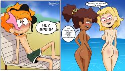 1boy 2girls aged_up amphibia amphibia_(finale) anne_boonchuy ass back_view beach bikini blush breasts chair chocolate_and_vanilla clothing comic_panel dark_skin dialogue disney disney_channel disney_xd earrings female human humanization humanized javisuzumiya looking_behind male mole nude nude_female pale_skin ponytail sasha_waybright seaside short_blonde_hair short_hair side_view signature straight_hair sweating swimming_trunks swimwear teasing text_bubble thighs throwing_clothing twig_(amphibia)