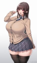 1girls box20502017 breasts brown_hair elf female female_only horny huge_breasts light-skinned_female light_skin long_hair mole original peace_sign plump pointy_ears red_eyes school_uniform skirt solo sweater thick_thighs thighhighs xiangzi_box