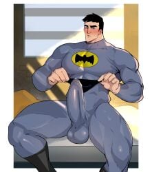 1boy balls bara batman batman_(bruce_wayne) batman_(series) big_balls big_penis black_hair blush boner bruce_wayne dc dc_comics erection erection_under_clothes gay male male_only muscles muscular penis precum precum_through_clothing scruffley solo solo_male spread_legs superhero superhero_costume the_batman