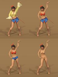 1girls 3d black_hair blouse blue_shorts blue_skirt breasts brown_hair brown_sandals dark_skin female female_only gladiator_sandals josie_rizal naked naked_female naked_footwear naked_sandals naked_with_shoes_on navel nipples nude nude_footwear nude_sandals pose pussy red_bra red_hairband sandals short_hair short_shorts shorts skirt solo tekken tekken_7 undressing yellow_blouse zeneox