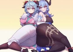 2girls alternate_version_available ass big_ass big_breasts blue_hair breasts clothed_female clothes_swap crossover female female_only fully_clothed ganyu_(genshin_impact) genshin_impact horns kindred league_of_legends long_hair riot_games spirit_blossom_kindred spirit_blossom_series strongbana thick_thighs thighs