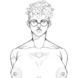 dark_skin glasses greyscale huge_breasts lazy_pudding monochrome original shaved_head short_hair sketch smiling tagme tattoo thick_lips unfinished