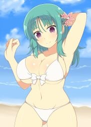 1girls armpits bashou_(senran_kagura) beach bikini cleavage cloud female flower_in_hair front-tie_bikini front_view green_hair hair_ornament huge_breasts ichiryuu_tsumiki light-skinned_female light_skin long_hair looking_down midriff navel one_arm_up purple_eyes ribbon sand senran_kagura skindentation sky smile solo standing thick_thighs water