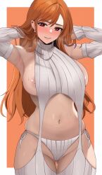 1girls areola_slip areolae breasts brown_eyes edmun female female_only hands_on_hips high_resolution hips huge_breasts large_areolae light-skinned_female light_skin long_hair massive_breasts nami nipples one_piece orange_background orange_hair post-timeskip pussy_juice_drip_through_clothes revealing_clothes solo sweater tagme thick_thighs thighs virgin_destroyer_sweater virgin_killer_sweater white_legwear wide_hips