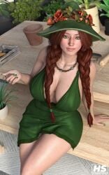 1girls 3d cleavage female female_only fully_clothed green_eyes hagiwara_studio harry_potter hogwarts_legacy looking_at_viewer mirabel_garlick nude nude_female ponytail red_hair revealing_clothes sitting solo solo_female twintails witch_(harry_potter)