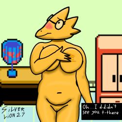 alphys anthro blush covering covering_breasts digital_drawing_(artwork) digital_media_(artwork) embarrassed eyewear female glasses looking_away nude silverlion27 solo undertale undertale_(series) yellow_body