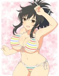 1girls asuka_(senran_kagura) bangs bikini black_hair female front-tie_bikini gold_eyes ichiryuu_tsumiki large_breasts light-skinned_female light_skin looking_at_viewer midriff navel one_arm_up open_mouth ponytail senran_kagura sidelocks simple_background solo standing tied_hair