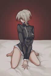 1:2 bed bed_covers bed_sheet bed_sheets bedding bedding_background bedroom bedroom_setting bedsheets big_breasts black_shirt bottomless bottomless_female breasts brown_background buttons clothed clothed_female clothing danganronpa danganronpa_v3 danganronpa_v3:_killing_harmony female female_focus gradient_background green_eyes green_eyes_female hands_together legs_apart legs_spread looking_at_viewer looking_pleasured male_pov messy messy_hair morning morning_after new_danganronpa_v3 one_eye_covered one_eye_obstructed partially_clothed partially_clothed_female partially_undressed pose posing pov red_background saihara_shuuichi seductive seductive_eyes seductive_gaze seductive_look seductive_pose shirt short_hair silver_hair sitting sitting_on_bed smile smiling smiling_at_viewer smirking_at_viewer sociallysuperfluous straight_hair toes toujou_kirumi waking_up wearing_others_clothes wearing_partner's_clothes